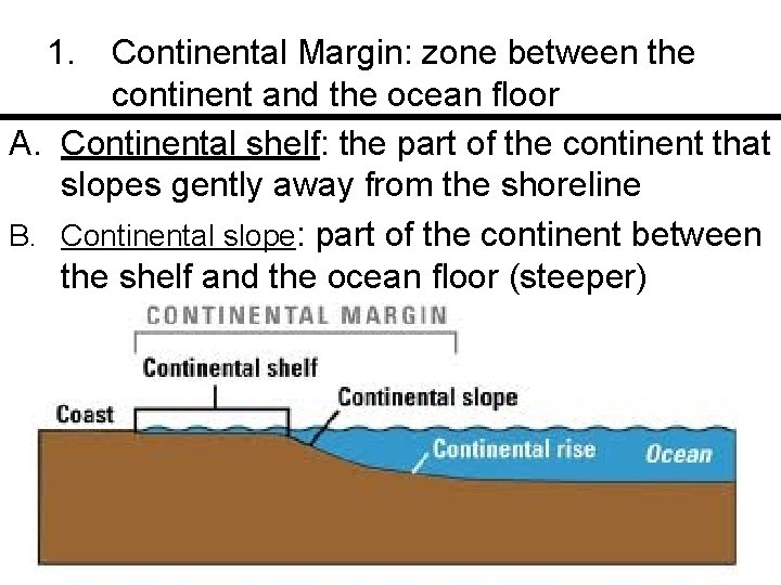 1. Continental Margin: zone between the continent and the ocean floor A. Continental shelf: