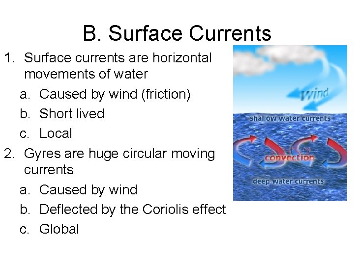 B. Surface Currents 1. Surface currents are horizontal movements of water a. Caused by