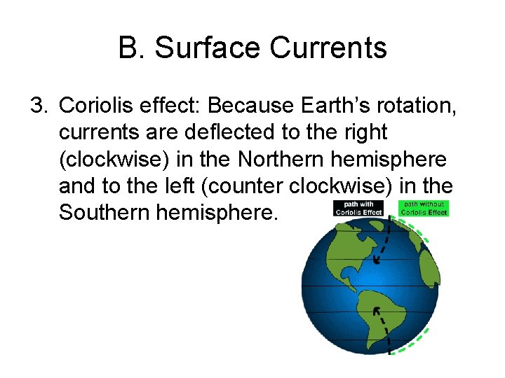 B. Surface Currents 3. Coriolis effect: Because Earth’s rotation, currents are deflected to the