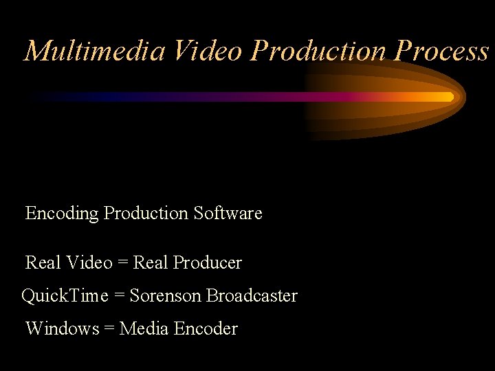 Multimedia Video Production Process Encoding Production Software Real Video = Real Producer Quick. Time