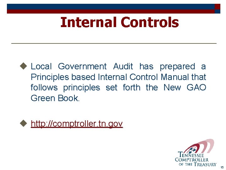 Internal Controls u Local Government Audit has prepared a Principles based Internal Control Manual