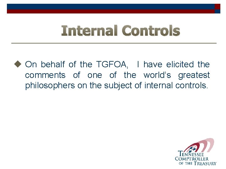 Internal Controls u On behalf of the TGFOA, I have elicited the comments of