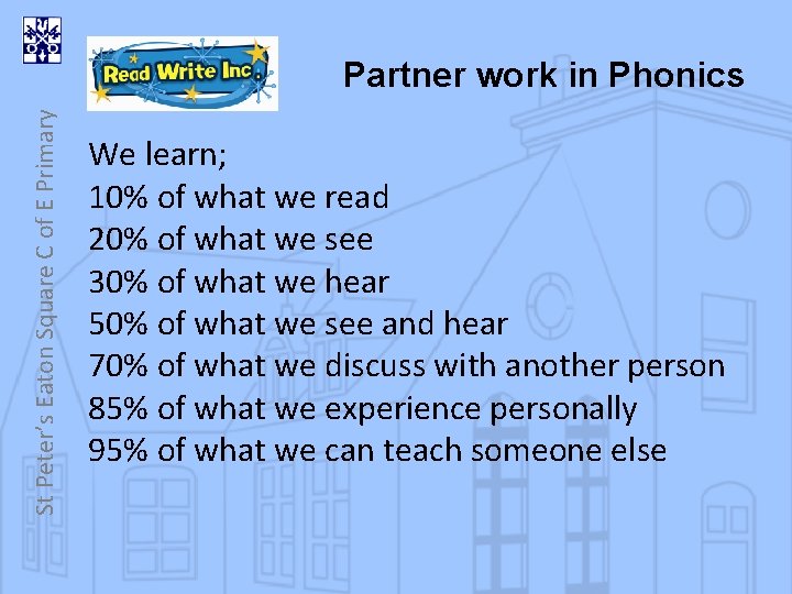 St Peter’s Eaton Square C of E Primary Partner work in Phonics We learn;
