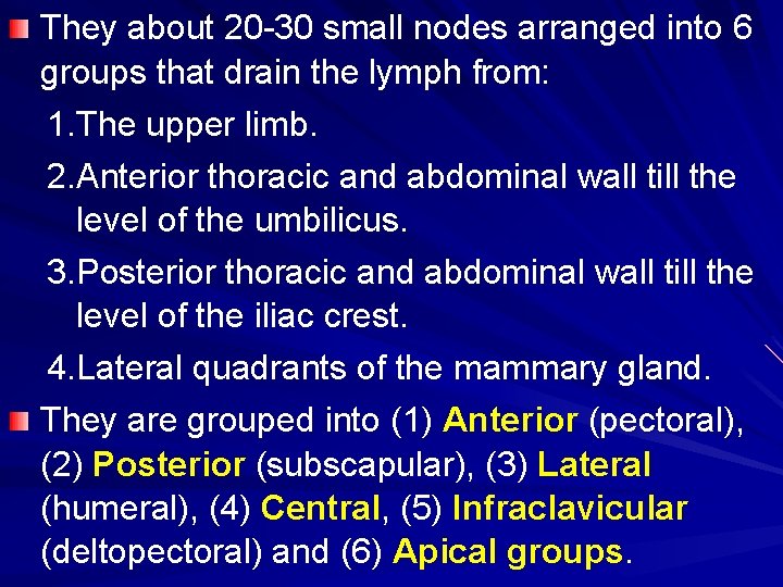 They about 20 -30 small nodes arranged into 6 groups that drain the lymph