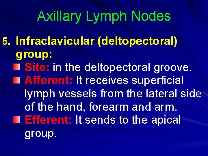 Axillary Lymph Nodes 5. Infraclavicular (deltopectoral) group: Site: in the deltopectoral groove. Afferent: It