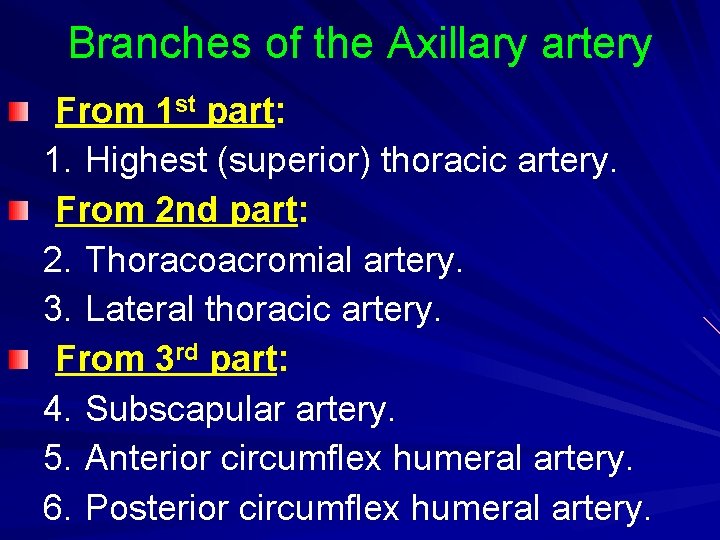 Branches of the Axillary artery From 1 st part: 1. Highest (superior) thoracic artery.