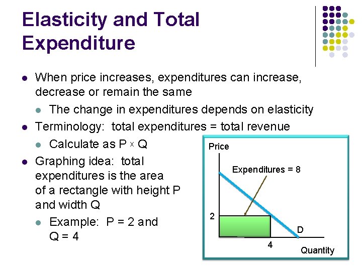 Elasticity and Total Expenditure l l l When price increases, expenditures can increase, decrease