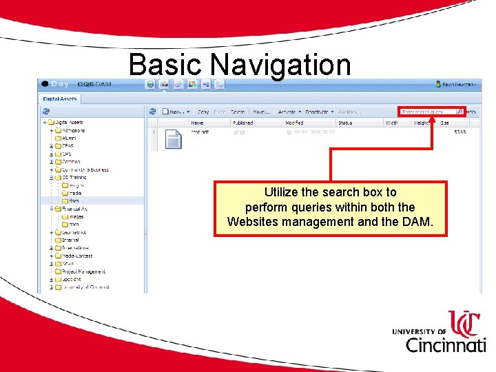 Basic Navigation Utilize the search box to perform queries within both the Websites management