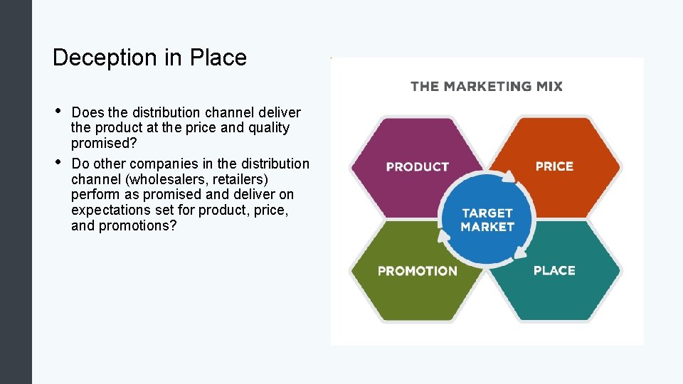 Deception in Place • • Does the distribution channel deliver the product at the Deception in Place • • Does the distribution channel deliver the product at the