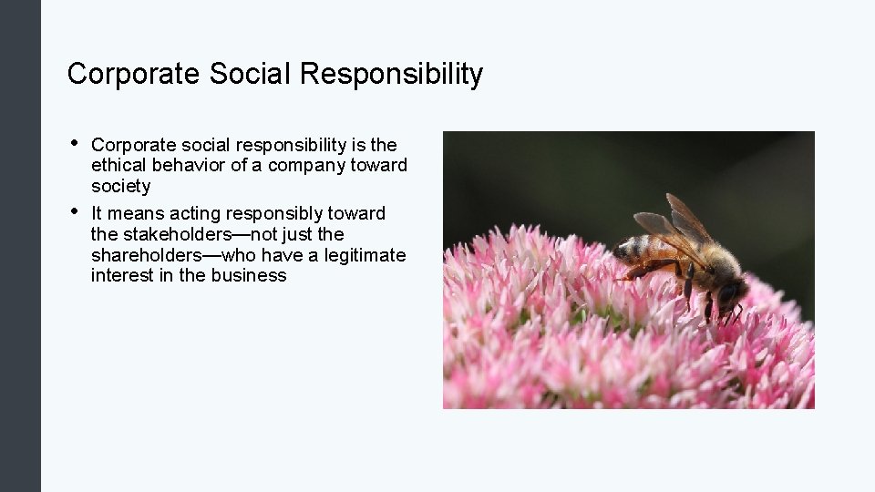Corporate Social Responsibility • • Corporate social responsibility is the ethical behavior of a Corporate Social Responsibility • • Corporate social responsibility is the ethical behavior of a