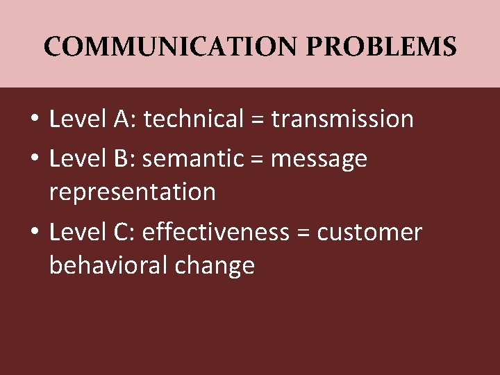 COMMUNICATION PROBLEMS • Level A: technical = transmission • Level B: semantic = message