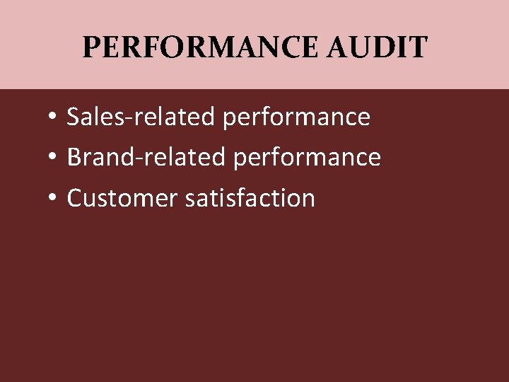 PERFORMANCE AUDIT • Sales-related performance • Brand-related performance • Customer satisfaction 