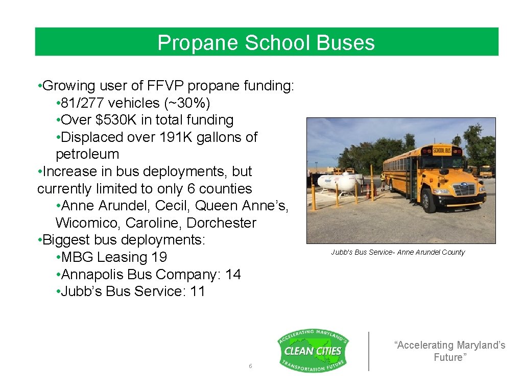 Propane School Buses • Growing user of FFVP propane funding: • 81/277 vehicles (~30%)