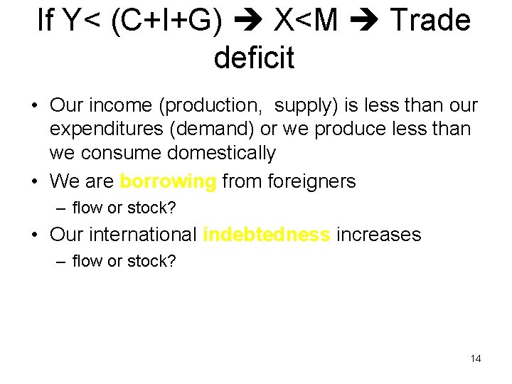 If Y< (C+I+G) X<M Trade deficit • Our income (production, supply) is less than
