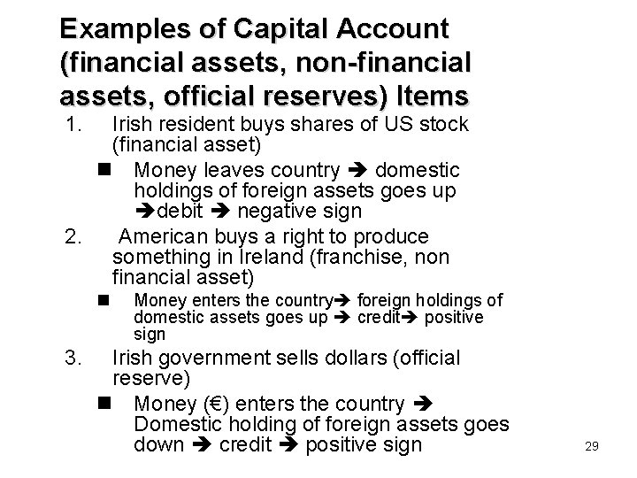 Examples of Capital Account (financial assets, non-financial assets, official reserves) Items 1. Irish resident