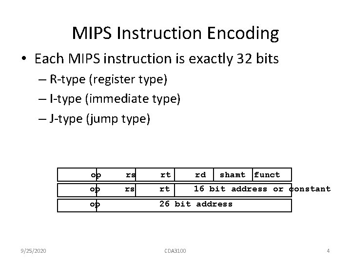 MIPS Instruction Encoding • Each MIPS instruction is exactly 32 bits – R-type (register