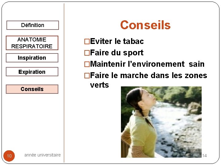 Conseils Définition ANATOMIE RESPIRATOIRE Inspiration Expiration Conseils 10 année universitaire �Eviter le tabac �Faire Conseils Définition ANATOMIE RESPIRATOIRE Inspiration Expiration Conseils 10 année universitaire �Eviter le tabac �Faire