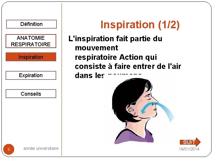 Définition ANATOMIE RESPIRATOIRE Inspiration Expiration Inspiration (1/2) L'inspiration fait partie du mouvement respiratoire Action