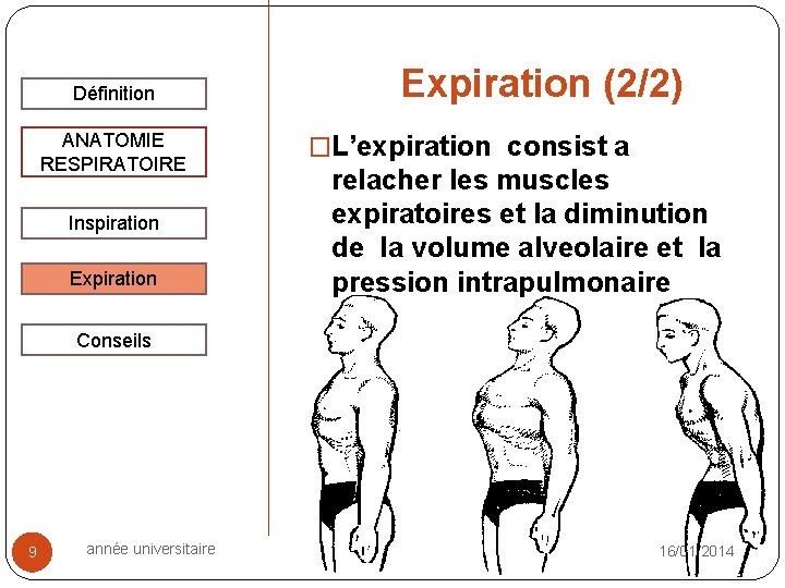Définition ANATOMIE RESPIRATOIRE Inspiration Expiration (2/2) �L’expiration consist a relacher les muscles expiratoires et Définition ANATOMIE RESPIRATOIRE Inspiration Expiration (2/2) �L’expiration consist a relacher les muscles expiratoires et