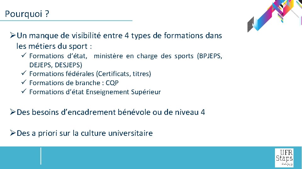  Pourquoi ? ØUn manque de visibilité entre 4 types de formations dans les