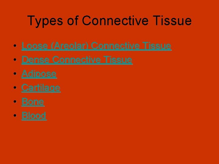 Types of Connective Tissue • • • Loose (Areolar) Connective Tissue Dense Connective Tissue