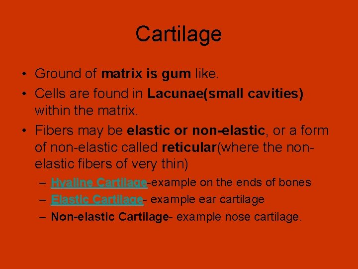 Cartilage • Ground of matrix is gum like. • Cells are found in Lacunae(small