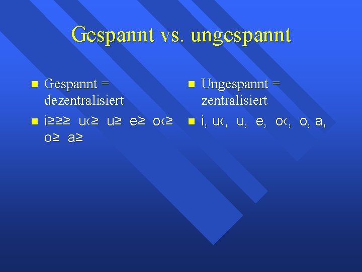 Gespannt vs. ungespannt Gespannt = dezentralisiert i≥≥≥ u‹≥ u≥ e≥ o‹≥ o≥ a≥ Ungespannt