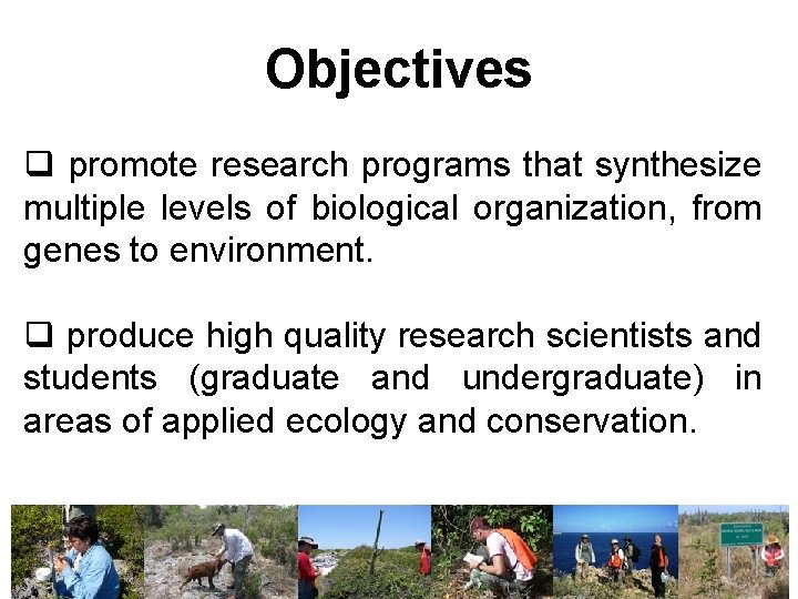 Objectives q promote research programs that synthesize multiple levels of biological organization, from genes