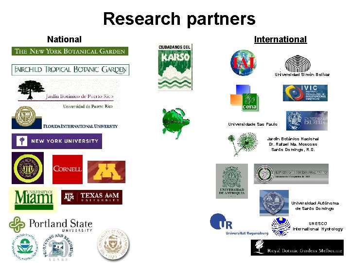 Research partners National International Universidad Simón Bolívar Chelonia Universidade Sao Paulo Jardín Botánico Nacional