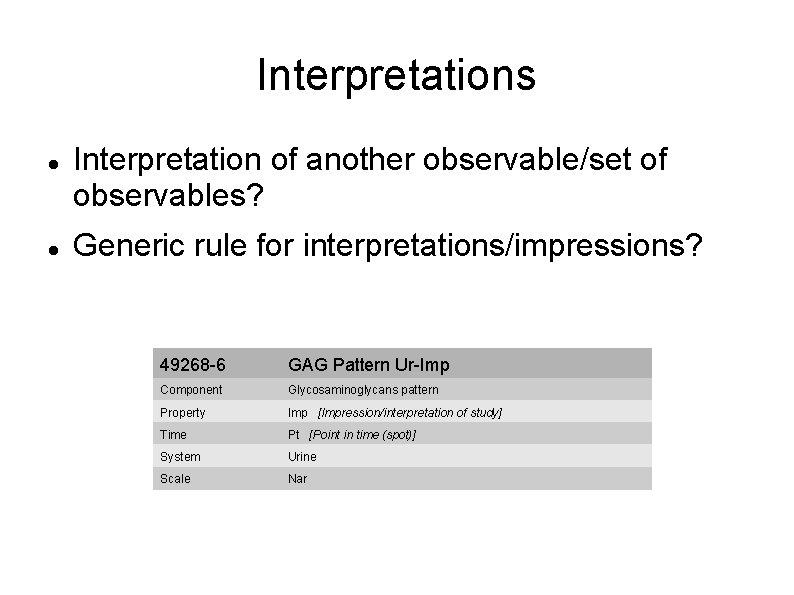 Interpretations Interpretation of another observable/set of observables? Generic rule for interpretations/impressions? 49268 -6 GAG