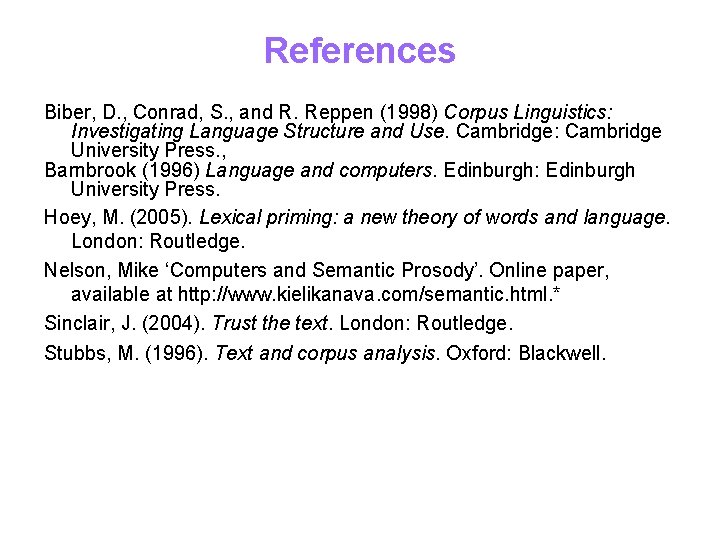 References Biber, D. , Conrad, S. , and R. Reppen (1998) Corpus Linguistics: Investigating