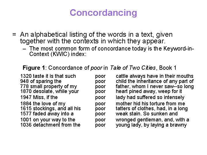 Concordancing = An alphabetical listing of the words in a text, given together with