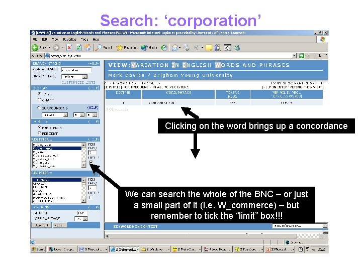Search: ‘corporation’ Clicking on the word brings up a concordance We can search the