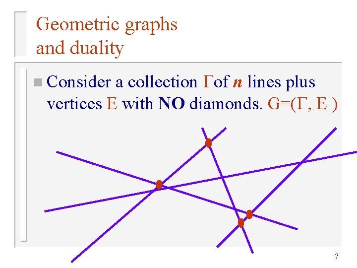 Geometric graphs and duality a collection of n lines plus vertices E with NO Geometric graphs and duality a collection of n lines plus vertices E with NO