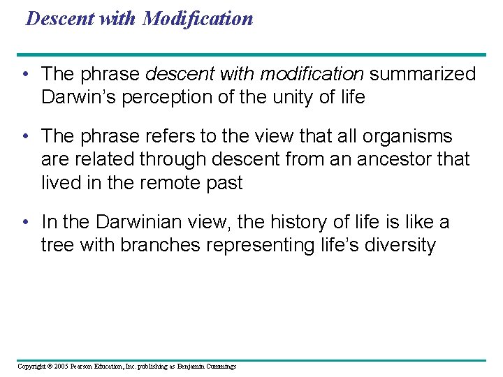 Descent with Modification • The phrase descent with modification summarized Darwin’s perception of the