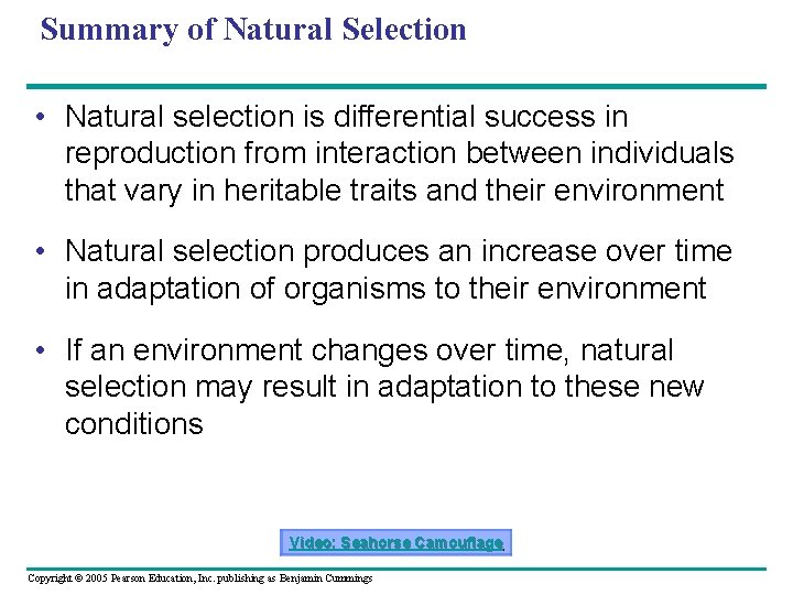 Summary of Natural Selection • Natural selection is differential success in reproduction from interaction