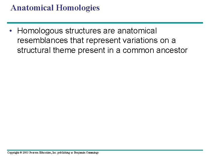 Anatomical Homologies • Homologous structures are anatomical resemblances that represent variations on a structural