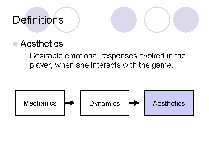 Definitions l Aesthetics ¡ Desirable emotional responses evoked in the player, when she interacts