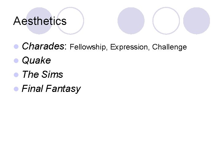 Aesthetics l Charades: Fellowship, Expression, Challenge l Quake l The Sims l Final Fantasy