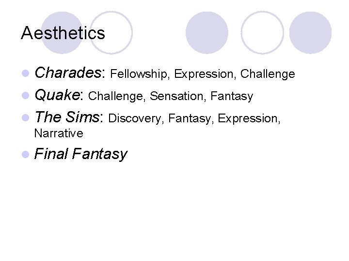 Aesthetics l Charades: Fellowship, Expression, Challenge l Quake: Challenge, Sensation, Fantasy l The Sims: