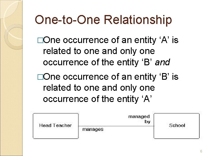 One-to-One Relationship �One occurrence of an entity ‘A’ is related to one and only