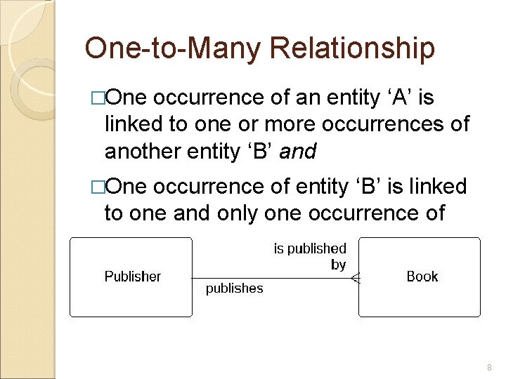 One-to-Many Relationship �One occurrence of an entity ‘A’ is linked to one or more