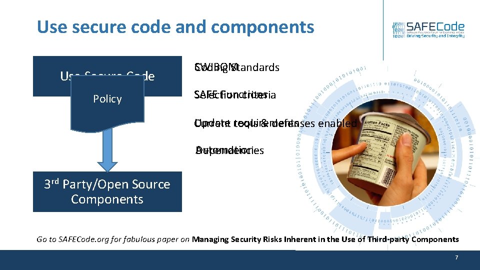 Use secure code and components Use Secure Code Policy SW BOM Coding Standards SAFE