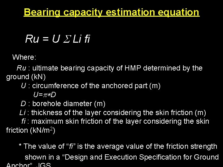Bearing capacity estimation equation Ru = U S Li fi Where: Ru : ultimate