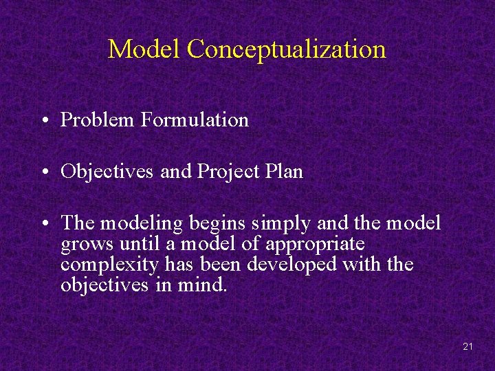 Model Conceptualization • Problem Formulation • Objectives and Project Plan • The modeling begins