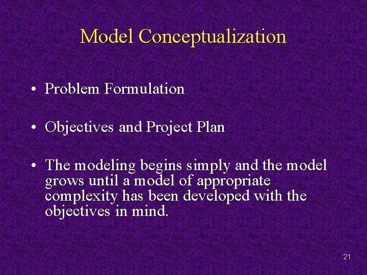 Model Conceptualization • Problem Formulation • Objectives and Project Plan • The modeling begins