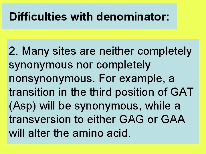 Difficulties with denominator: 2. Many sites are neither completely synonymous nor completely nonsynonymous. For