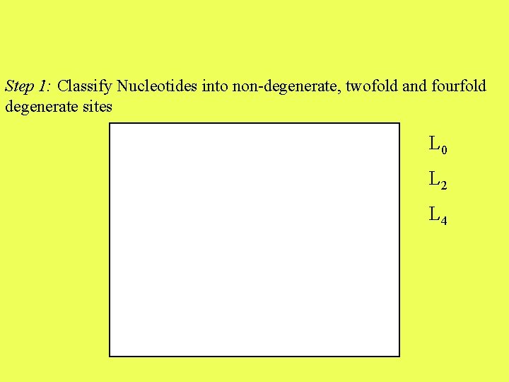 Step 1: Classify Nucleotides into non-degenerate, twofold and fourfold degenerate sites L 0 L