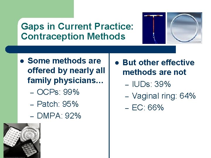 Gaps in Current Practice: Contraception Methods l Some methods are offered by nearly all
