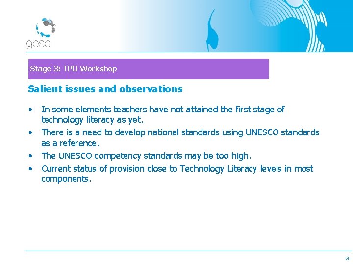 Stage 3: TPD Workshop Salient issues and observations • • In some elements teachers